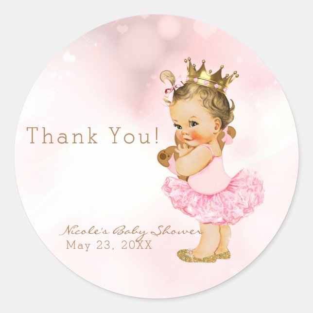 Adesivo Redondo Princesa Rosa Vintage Baby Girl Favor do Chá (Frente)