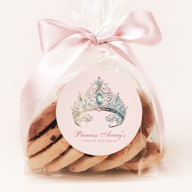 Adesivo Redondo Princesa Rosa Watercolor Tiara Birthday (Criador carregado)