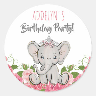Adesivo Redondo Princesa Tiara Elefante Flores Rosa Aniversário