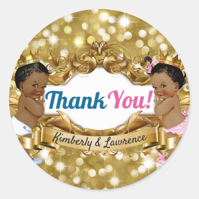 Adesivo Redondo Príncipe Africano/Princesa Glitter Obrigado Etique (Frente)