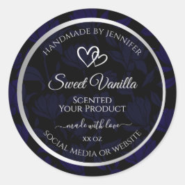 Adesivo Redondo Produto Floral a Preto e Azul Moderno Rotulagem Pr