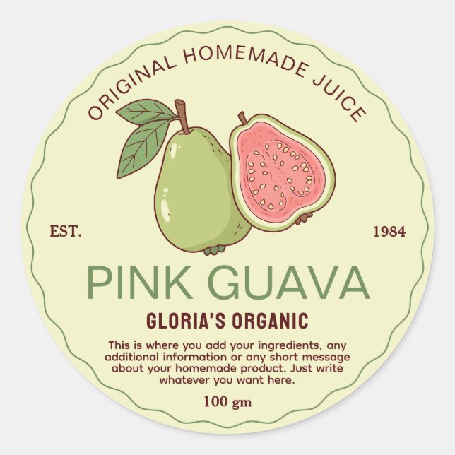 Adesivo Redondo Produto Homemade de Sumo de goiaba rosa com Fruta  (Frente)