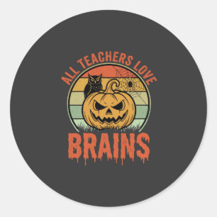 Adesivo Redondo Professor de Halloween Cérebros Abóbora Vintage Co