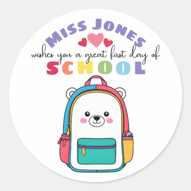 Adesivo Redondo professor primeiro dia de aula bem-vindo urso fofo (Frente)