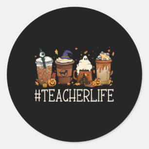 Adesivo Redondo Professora Horror Queda Café Louco Halloween Pumpk