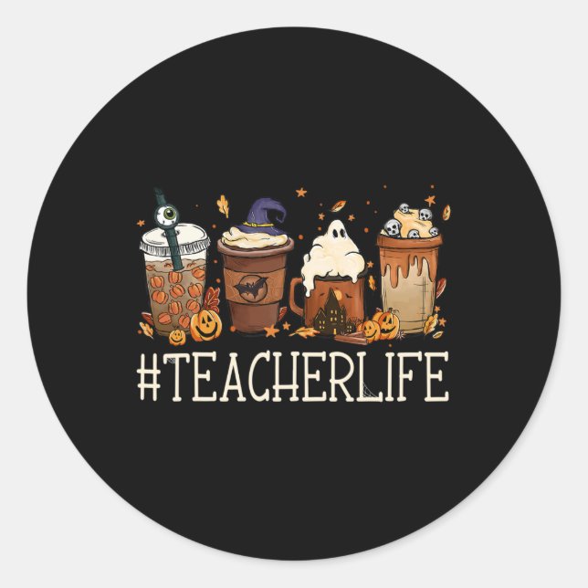 Adesivo Redondo Professora Horror Queda Café Louco Halloween Pumpk (Frente)
