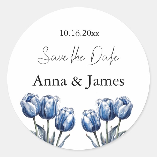 Adesivo Redondo Programa de Casamento de Tulipas Azul Delft (Frente)