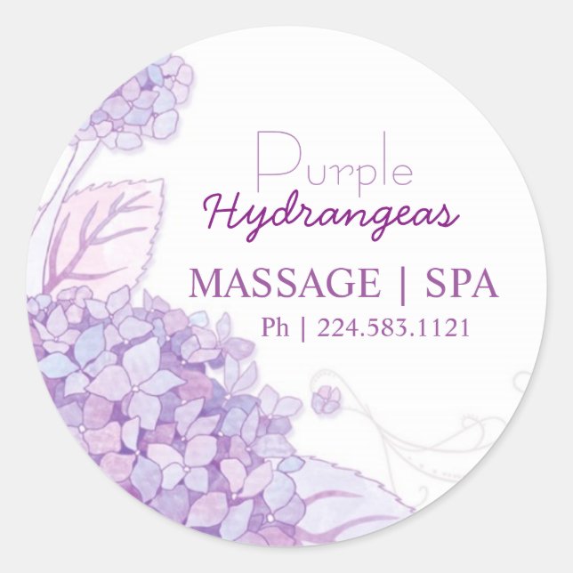 Adesivo Redondo Promocional de Negócios do Hydrangeas Roxo (Frente)