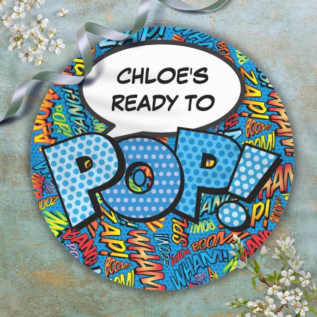 Adesivo Redondo Pronta para POP Blue Comic Book Chá de fraldas Spr (Ready to POP Blue Comic Book Baby Shower Sprinkle Classic Round Sticker)