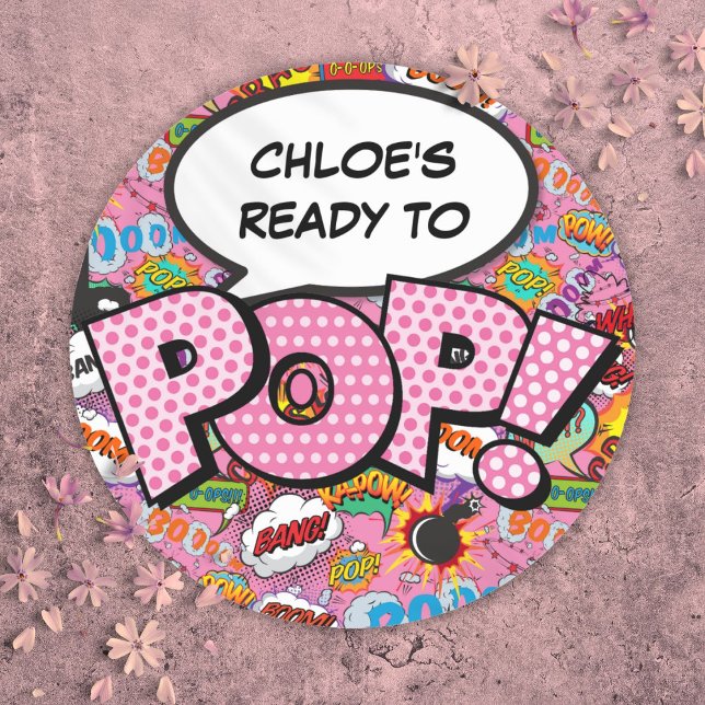 Adesivo Redondo Pronta para POP, Chá de fraldas de livros de banda (Ready to POP Comic Book Baby Shower Sprinkle Pink Classic Round Sticker)