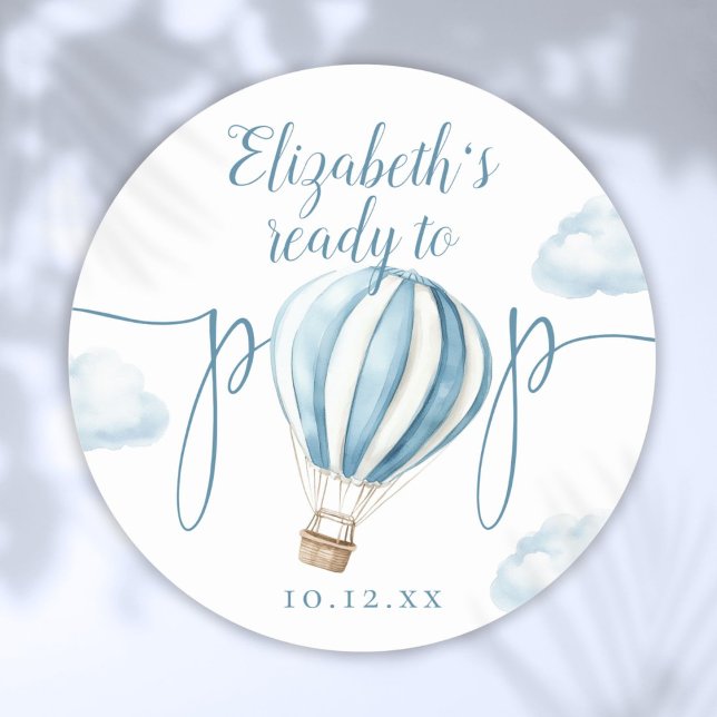 Adesivo Redondo Pronto Para Pop Chá de fraldas De Balão Azul (Ready To Pop Blue Balloon Baby Shower Classic Round Sticker)