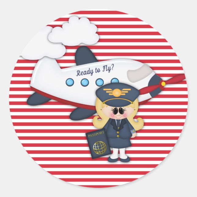 Adesivo Redondo Pronto para Voar Piloto Avião Strike Girl Sticker (Frente)