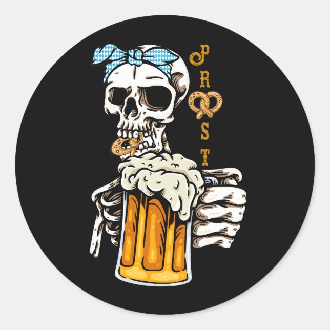 Adesivo Redondo Prost Skeleton Mulheres bávaras Octoberfest Alemão (Frente)