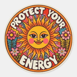 Adesivo Redondo Protect Your Energy Sticker - Retro 70s Sun & Flow
