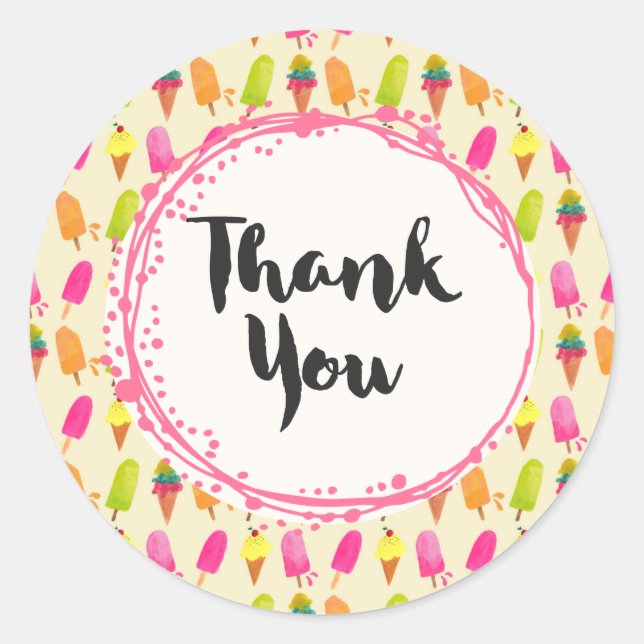 Adesivo Redondo Psicles e Padrão de Verão Sorvete Obrigado (Frente)