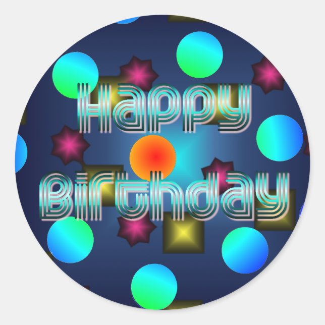 Adesivo Redondo Psychedelic Dots Neon Happy Birthday Sticker (Frente)
