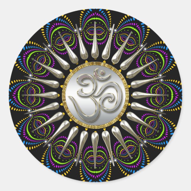 Adesivo Redondo Psychedelic Tribe Silver Om (Frente)