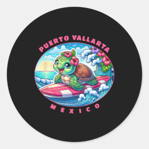 Adesivo Redondo Puerto Vallarta México Garotas Surfando Tartarugas