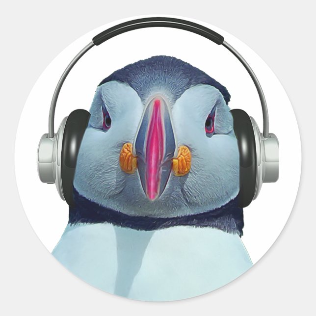 Adesivo Redondo Puffin com fones de ouvido (Frente)