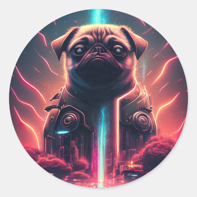 Adesivo Redondo Pug Adorável no Figurino Robô Futurístico (Frente)