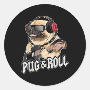 Adesivo Redondo Pug And Roll Cute Rockstar Guitar Rockin Music Sin