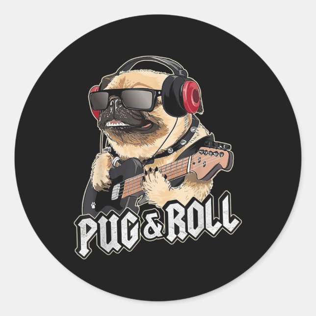 Adesivo Redondo Pug And Roll Cute Rockstar Guitar Rockin Music Sin (Frente)