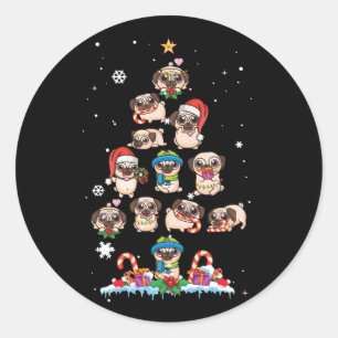Adesivo Redondo Pug Christmas Tree Dog Papais noeis Feliz Pugmas X