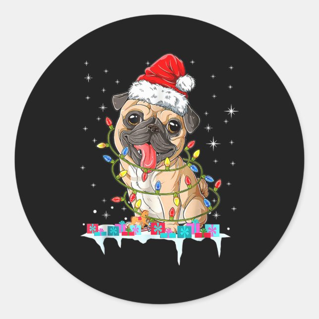 Adesivo Redondo Pug Christmas Tree Lights Santa Dog Xmas  (Frente)