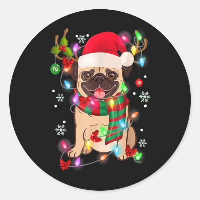 Adesivo Redondo Pug Christmas Tree Lights Santa Dog Xmas Boys Pugm (Frente)