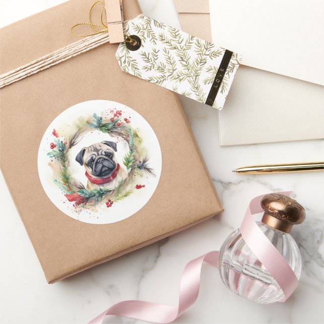 Adesivo Redondo Pug Christmas Wreath Festivo Pup (Presentear)