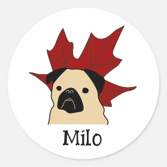 Adesivo Redondo Pug com Folha Grande (Frente)
