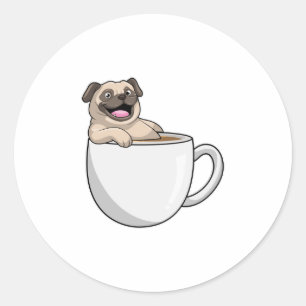 Adesivo Redondo Pug com Xícara de Café