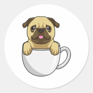 Adesivo Redondo Pug com Xícara de Café