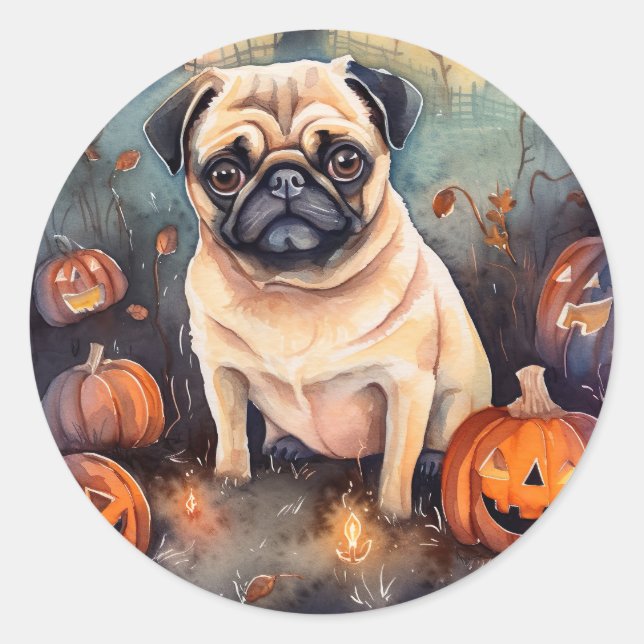 Adesivo Redondo Pug De Halloween Com Pumpkins Assustado (Frente)