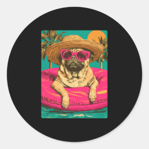 Adesivo Redondo Pug de verão com óculos de sol cachorro fofo tropi