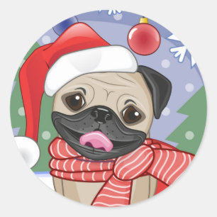 Adesivo Redondo Pug do inverno & do tempo do Natal