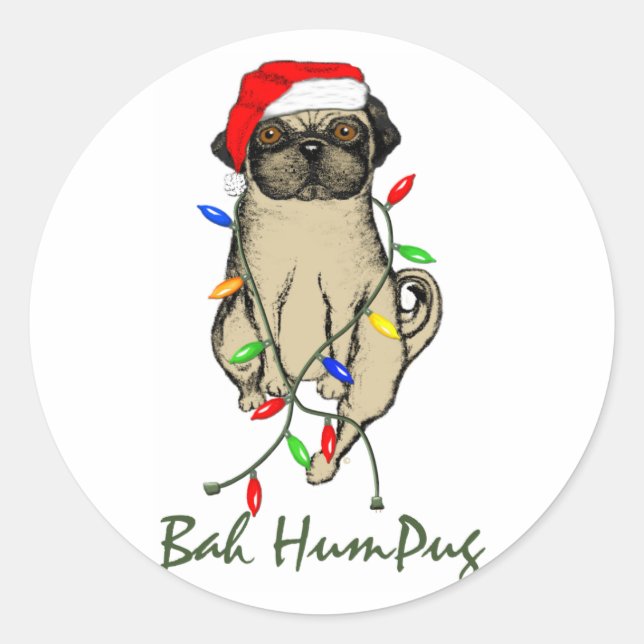 Adesivo Redondo Pug Dog Bah Humpug Feliz Natal (Frente)