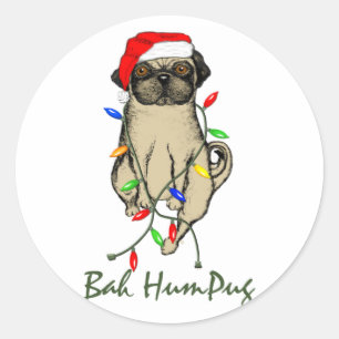 Adesivo Redondo Pug Dog Bah Humpug Feliz Natal