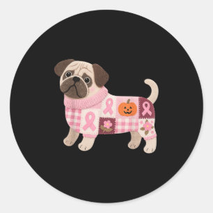 Adesivo Redondo Pug Dog Pink Ribbon Breast Cancer Pug Patterno Fel