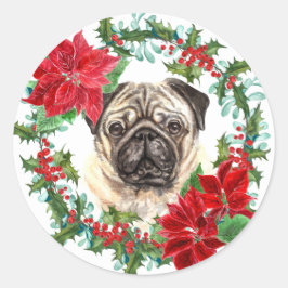 Adesivo Redondo Pug Dog Poinsettia Holly Christmas Wreath
