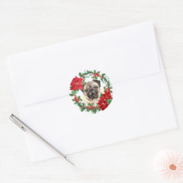 Adesivo Redondo Pug Dog Poinsettia Holly Christmas Wreath