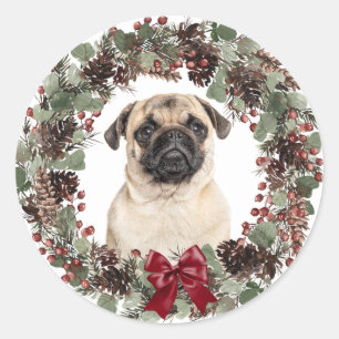 Adesivo Redondo Pug Dog Red Arco Pinecone No Natal