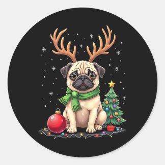Adesivo Redondo Pug Dog Reindeer Xmas Cachorro Passa Família Engra