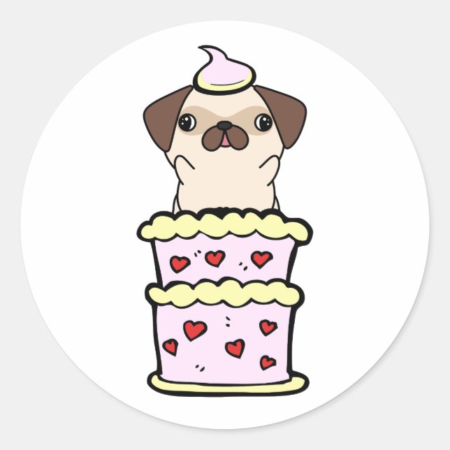Adesivo Redondo Pug engraçado pulando de um bolo (Frente)