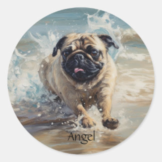 Adesivo Redondo Pug Feliz na Praia personalizável