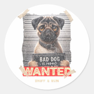 Adesivo Redondo Pug Fuga & Cheiro: Fugitivo Adorável à Solta!