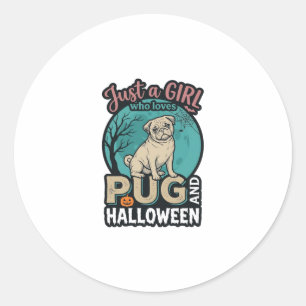 Adesivo Redondo Pug Halloween Menina Design Vetorial Vintage_1