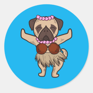 Adesivo Redondo Pug havaiano dança hula legal aloha animal engraça