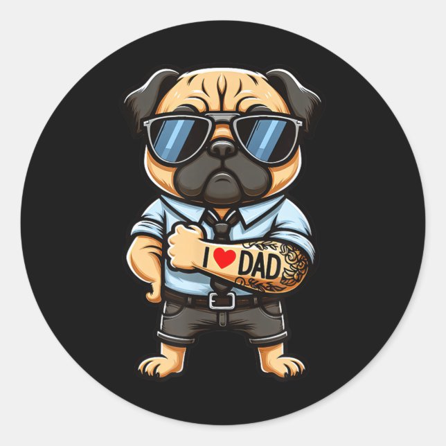 Adesivo Redondo Pug I Love Pai Funny Dog Tattoo (Frente)