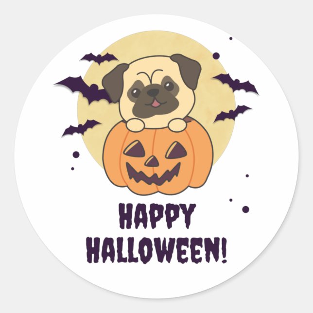 Adesivo Redondo Pug In Pumpkin Sweet Dogs Happy Halloween (Frente)